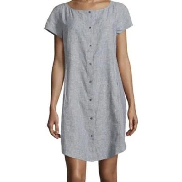 Eileen Fisher Ministripe Chambray Dress Bateau Pocket Hemp Organic Cotton Small - Picture 1 of 5